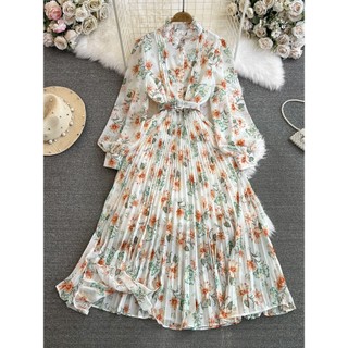 #4515 [Sẵn một số màu] Đầm Quảng Châu dài tay xếp ly kèm belt họa tiết hoa nhí 5 màu cố lót trong