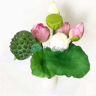 Đài Sen Lá Sen Gương Sen Nụ Sen hoa sen lụa bách diệp Quan Âm giả, hoa sen giả cao cấp trang trí ban thờ, cành hoa giả