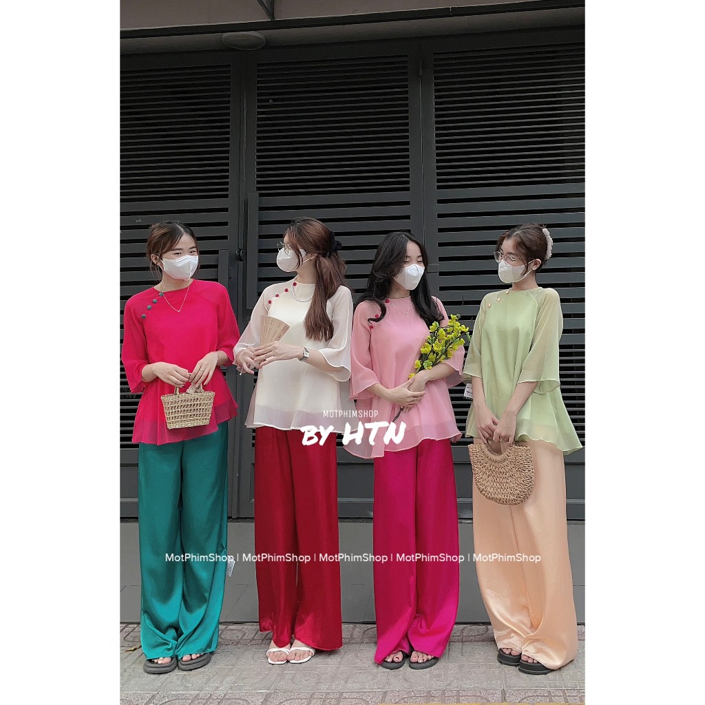 Set Pháp Phục Tết Áo Voan Tơ Kèm Quần Suông Lụa Ống Rộng - Set Yên Chi