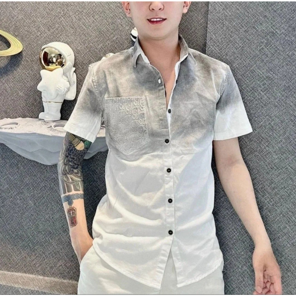 Áo sơ mi nam tay ngắn DSQ chất vải đũi CAO CẤP in họa tiết chữ ép 3D phối màu sang trọng mẫu mới giá rẻ