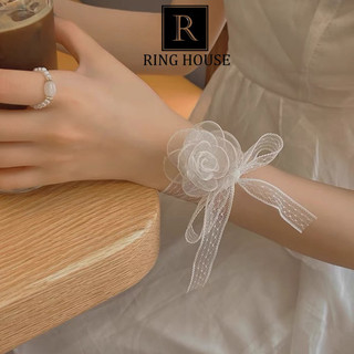 vòng tay nữ ren hoa hồng trắng thắt nơ đẹp cô dâu
