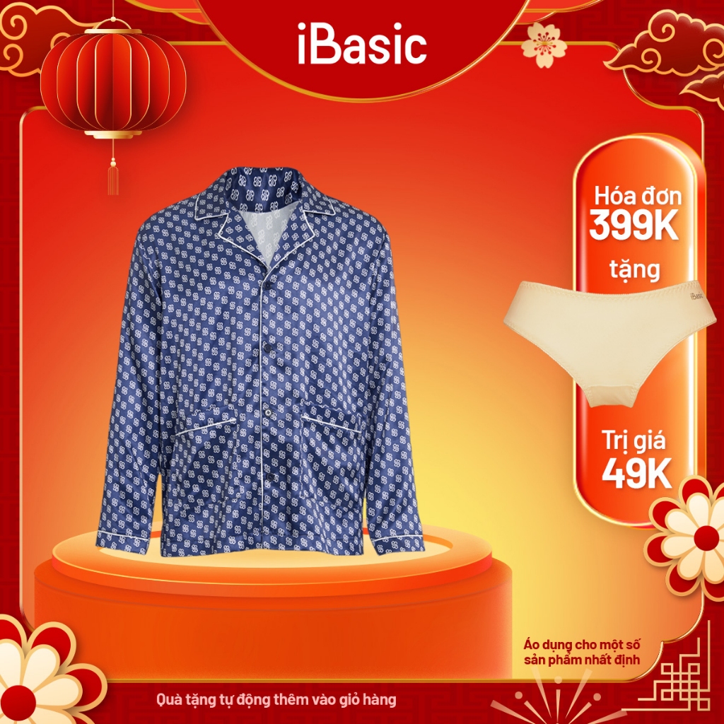 Áo mặc nhà nam pyjama lụa satin tay dài hoạ tiết icon iBasic HOMM016T