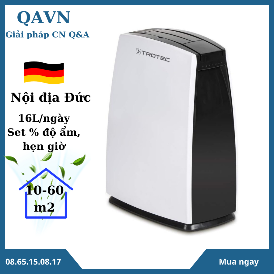 (Hàng Đức) Máy hút ẩm TROTEC 16L/ngày TTK51E có chức năng sấy khô quần áo, dùng cho phòng tới 70 m2