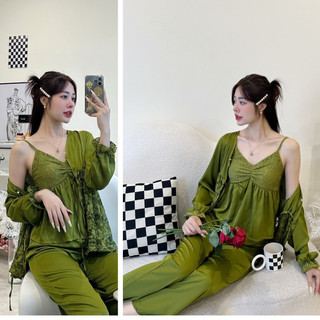Set Pijama Tiểu Thư Cao Cấp Kèm Choàng Combo 3 Món Lụa Latin - Đồ Ngủ Nữ, Đồ Bộ Freesize