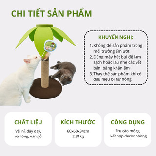 Đồ chơi cho mèo FOFOS, Trụ cào móng hình cây dừa, Chứa catnip, Dây đay bền bỉ an toàn, Đế chống lật, Kết hợp decor phòng