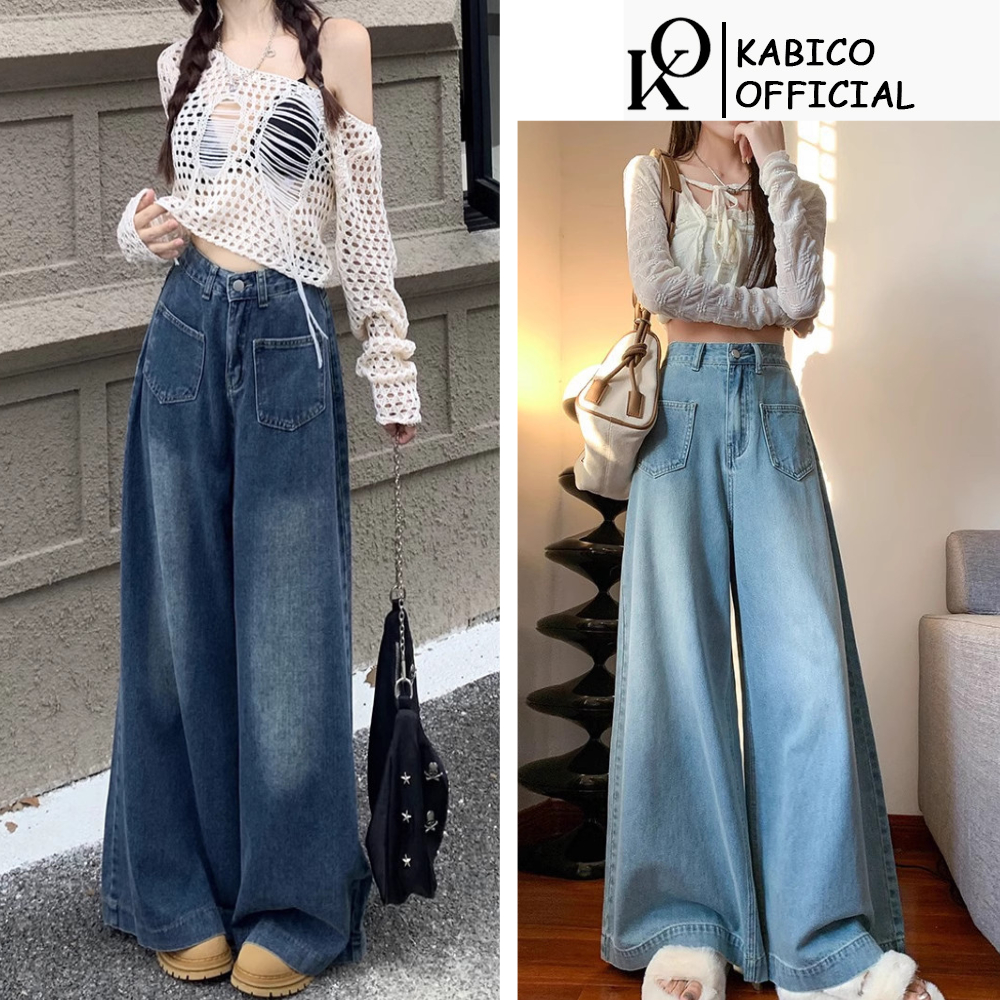 Quần jean nữ dáng dài ống rộng, quần jean nữ KABICO lưng cao phong cách Ulzzang_K61