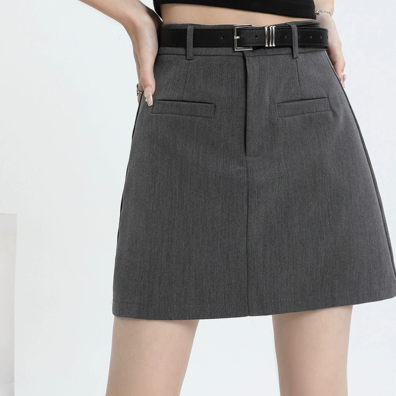 Chân Váy Ngắn Ghi Xám Chữ A Có Quần Trong Dáng Basic Túi Giả Kiểu Đơn Giản