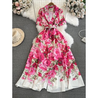 #4526 [Order] Đầm Quảng Châu ngắn tay cổ sơ mi kèm thắt lưng họa tiết siêu xinh đủ size
