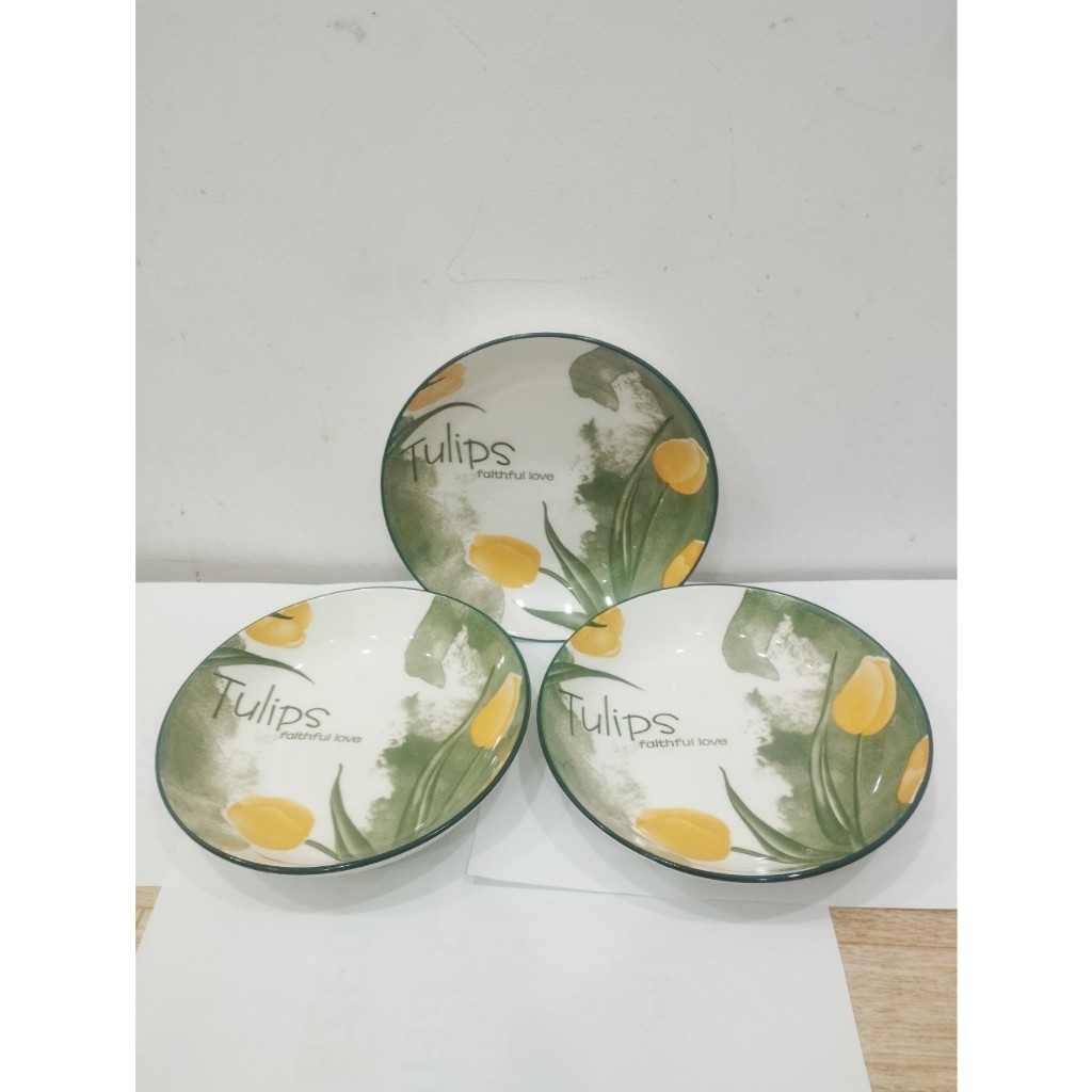 dĩa sứ hoa văn 4d mẫu tulip nhiều size 15cm / 17.5cm / 20cm / 22cm - dĩa sứ trắng