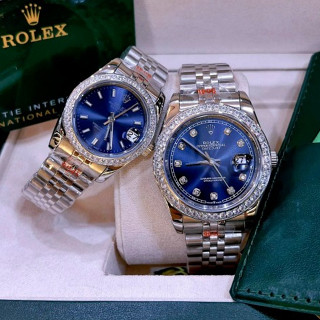 Đồng Hồ Cặp Đôi Nam Nữ Rolex, Mặt Xanh Navy, Viền Đá Swarovski Lấp Lánh, Size Nữ 32mm, Size  32/38/40mm, Viền Thép