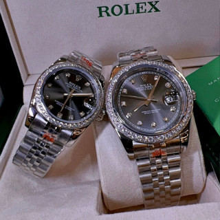 Đồng Hồ Cặp Đôi Nam Nữ Rolex, Mặt XÁM, Viền Đá Swarovski Lấp Lánh, Size Nữ 32mm, Size Nam 38/40mm, Viền Thép Không Rỉ