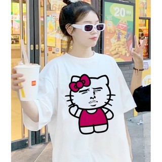 Áo Thun Tay Ngắn Hình Mèo Hello Kitty Khuôn Mặt Vui Nhộn Vẫy Chào Áo Đôi - Áo Cặp Unisex