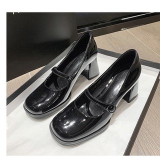 Zinzin868- Giày nữ công sở gót vuông cao 7f chất da bóng quai đính cúc trang trí form 1.5