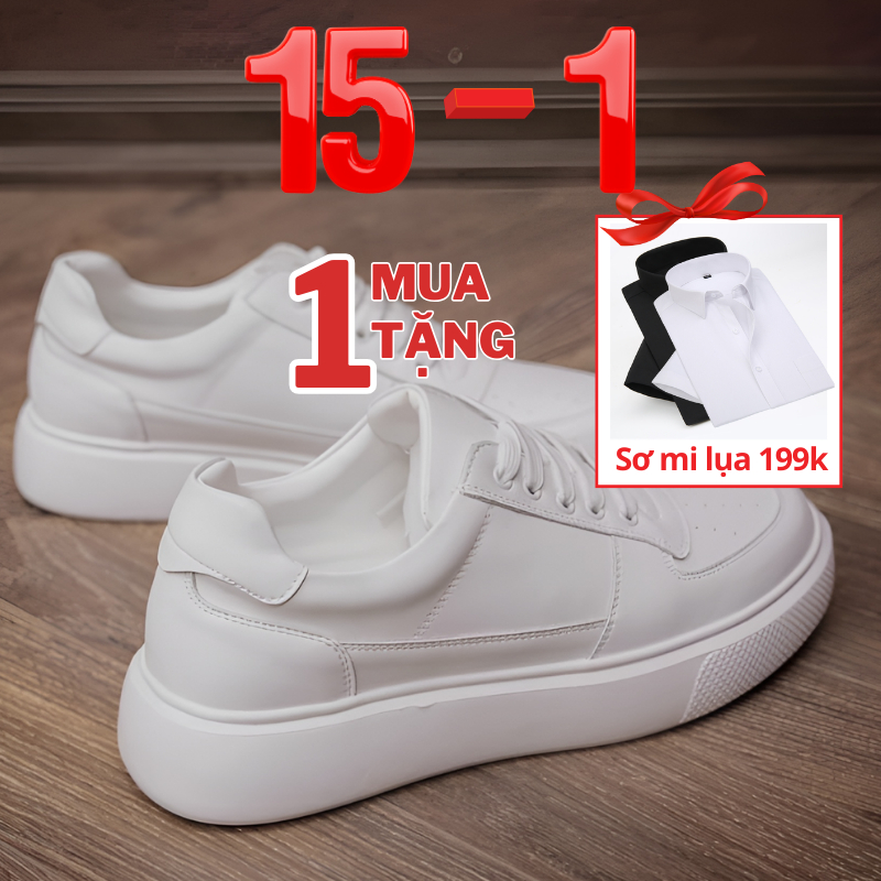 Giày thể thao da trắng ASHE, form Unisex danh cho nam, nữ - Sneaker all white tăng chiều cao 4cm