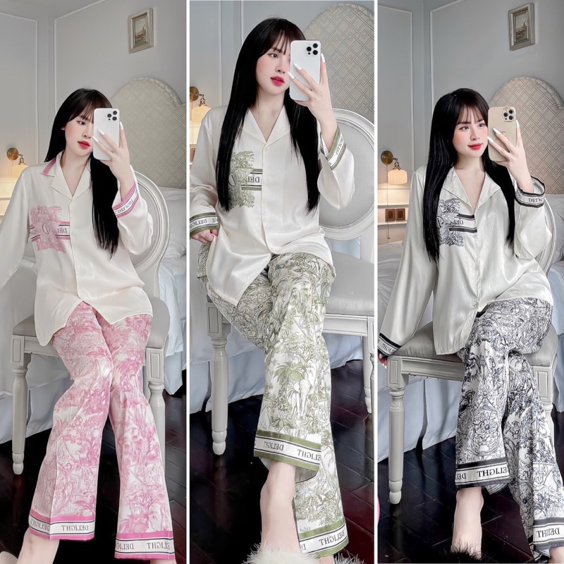 Pijama lụa tơ xước ánh kim luxury cao cấp tay dài màu hồng kẹo ngọt chữ del - Pizama lụa tay dài