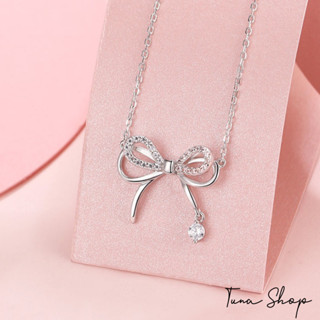 Dây chuyền bạc gắn đá cao cấp, Vòng cổ nữ đính đá hình nơ TUNA SILVER Cam kết chuẩn Bạc Trang sức Bạc