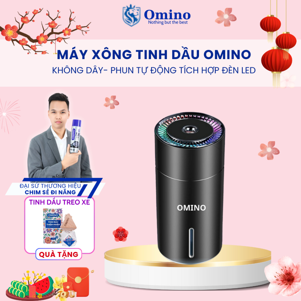 Máy xông Khuếch tán tinh dầu OMINO đèn nháy theo nhạc 2 chế độ phun sương khử mùi ô tô, bàn làm việc [Tặng tinh dầu]