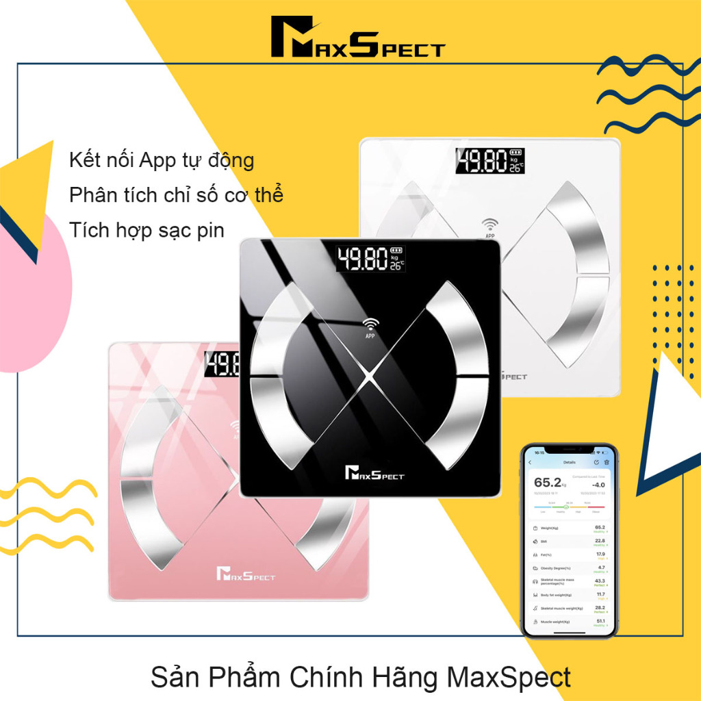 Cân Điện Tử đo lường chỉ số cơ thể MaxSpect - Cân Sức Khỏe phân tích cơ thể - Cân điện tử thông minh kết nối App MSCDT