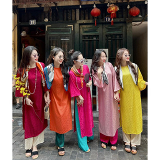 Áo dài cách tân lụa gấm hoa cúc bọc nhiều màu quần lụa hoa phối màu hàng thiết kế cao cấp siêu hot