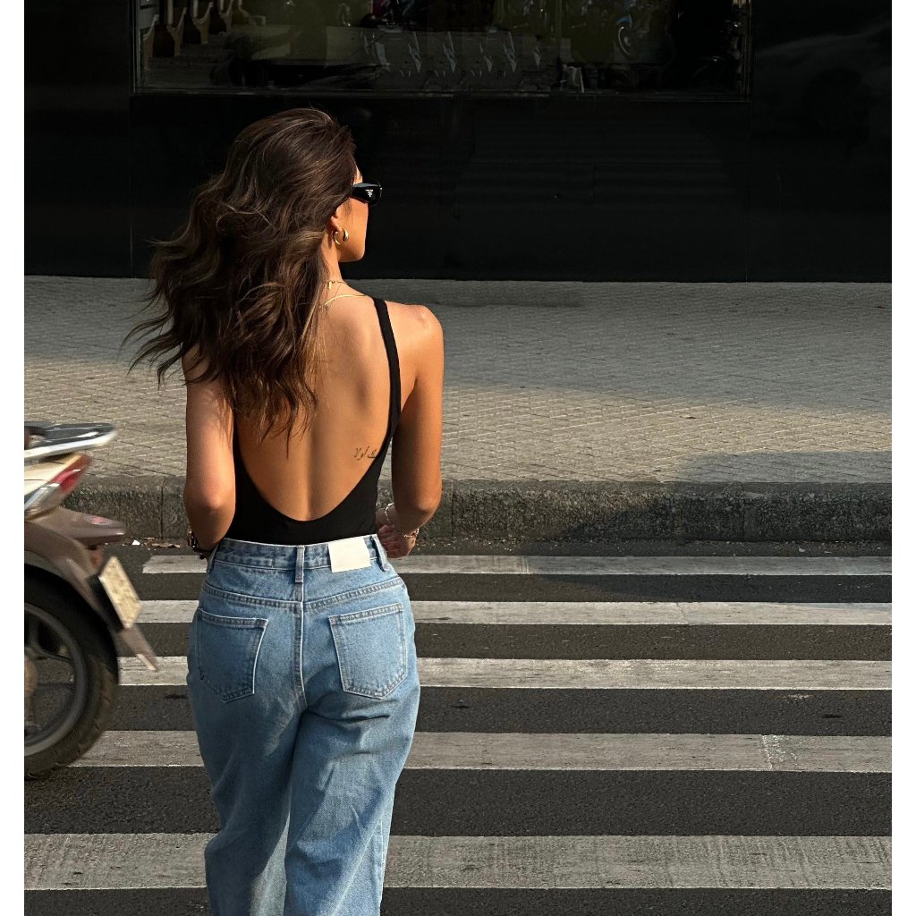 Quần jeans suông phiên bản mới màu xanh có nút điều chỉnh thắt eo - là min - STRAIGHT-LEG BUTTON JEANS