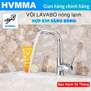 Vòi Lavabo nóng lạnh (cần uốn vuông, đầu xoay 360) hợp kim HVMMA - Tặng kèm đôi dây cấp nước