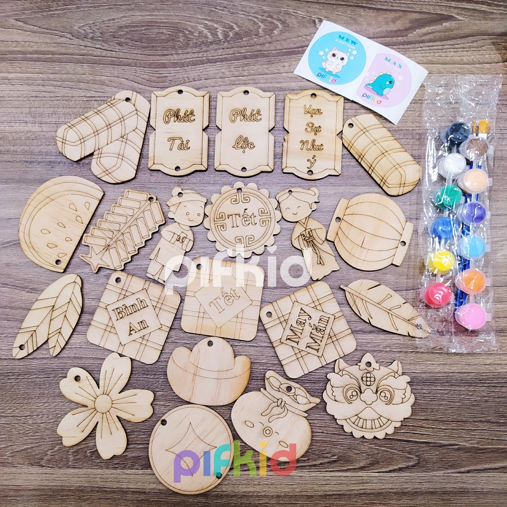 Set tô màu gỗ 21 mảnh lớn chủ đề Tết - kèm 12 màu và 2 cọ