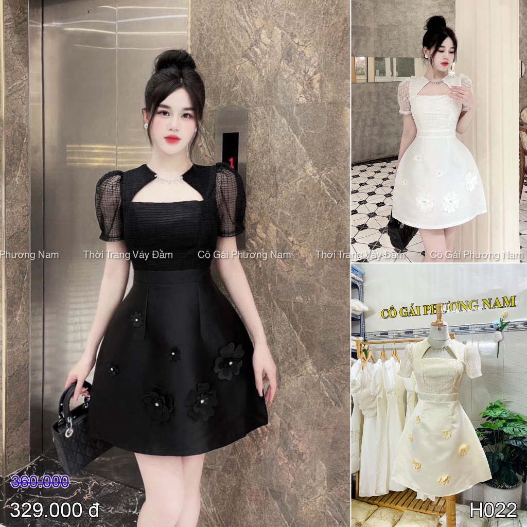 H022 Đầm xòe chữ A phối ren cổ cách điệu đính đá tay phồng