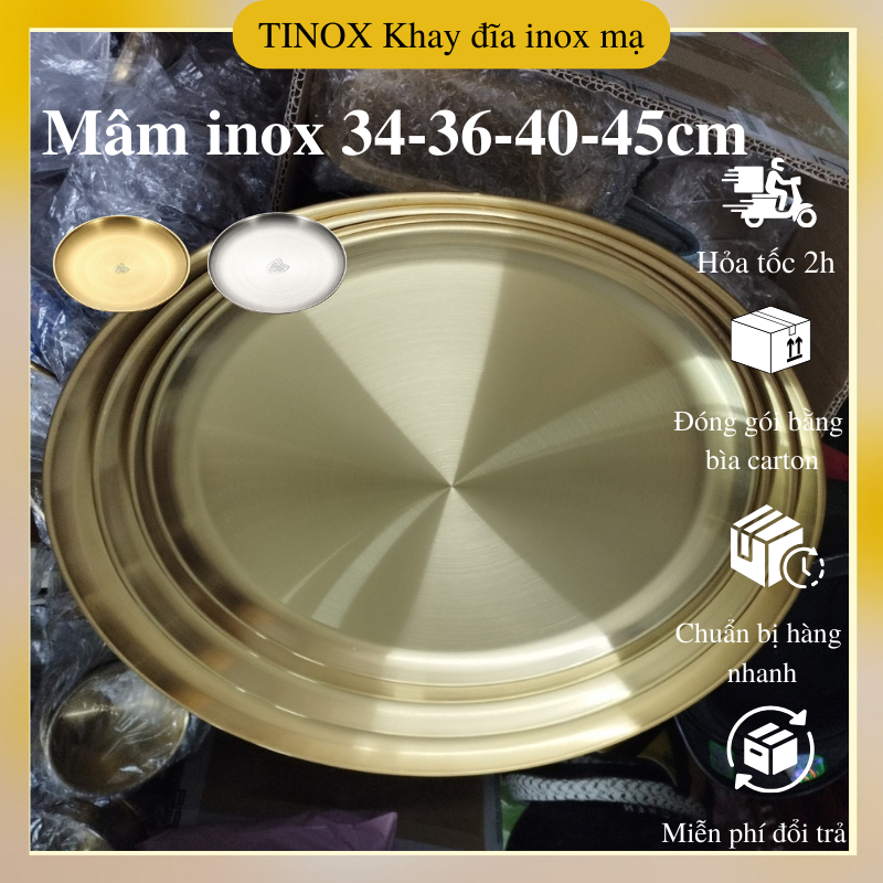 Mâm Cơm Inox Vàng Đồng TAMUSHOP92 Mâm lễ Cỗ Cúng Khay Tròn Mạ Màu Đẹp Cổ điển 45cm MI003