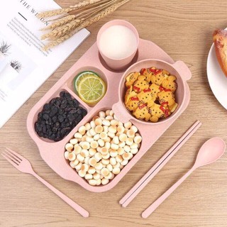 Khay ăn dặm lúa mạch 6 chi tiết cho bé 🍒freeship🍒 bát thìa dĩa đũa cốc khay đựng cơm lúa mạch