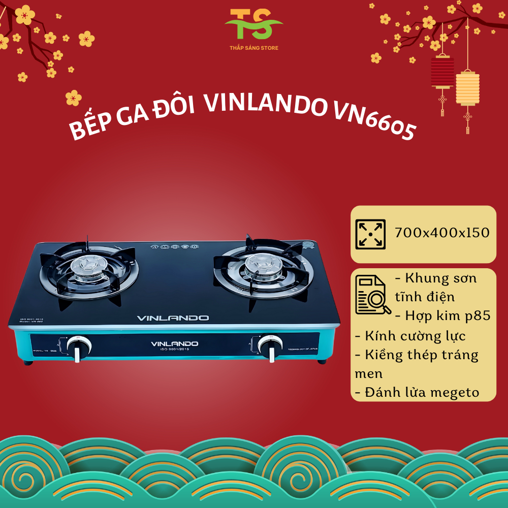 Bếp ga đôi khung sơn tĩnh điện cao cấp Vinlando, bếp ga kiềng tráng men có thể tháo dời, dễ dàng vệ sinh VN6605