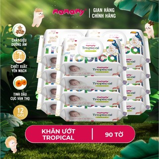 Combo 12 Khăn giấy ướt 100% sợi tự nhiên và rayon Mamamy Tropical Tinh dầu cúc vạn thọ/Không mùi 90 tờ