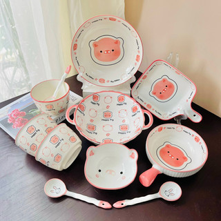 Bộ Bát đĩa sứ Decor, Chén dĩa dễ thương, Bát ăn cơm, Bát ăn chè, Bộ chén dĩa hoạ tiết Heo hồng siêu đẹp