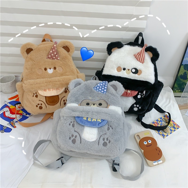 Ba Lô Vải Lông Có Khóa Kéo Hình Gấu Nâu Hoạt Hình Dễ Thương Phong Cách lolita Hàn Quốc