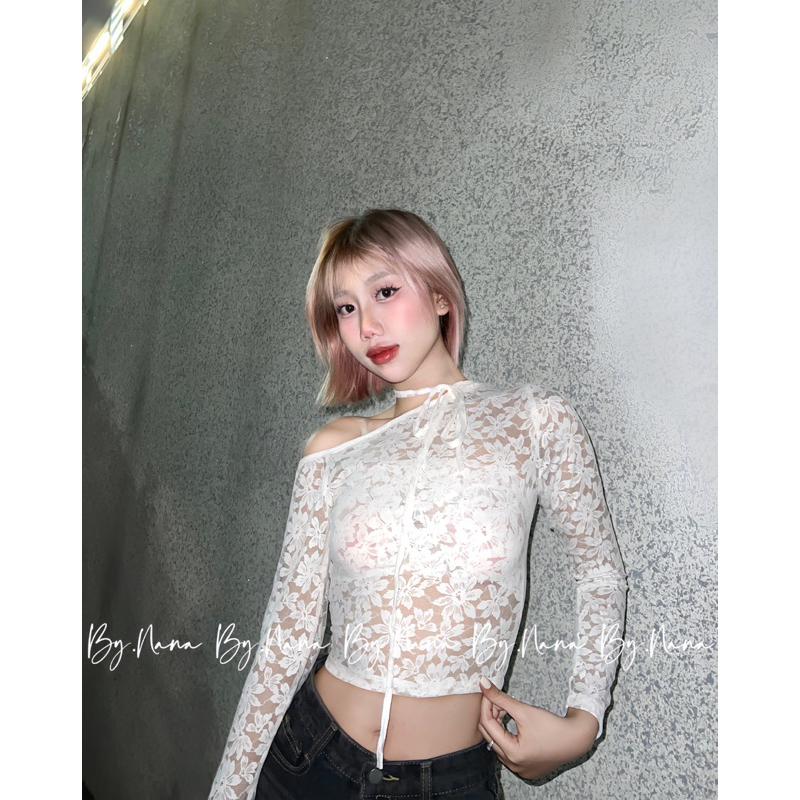 By.Nana Áo ren xuyên thấu trễ vai cột cổ dăm dăm Anna Top