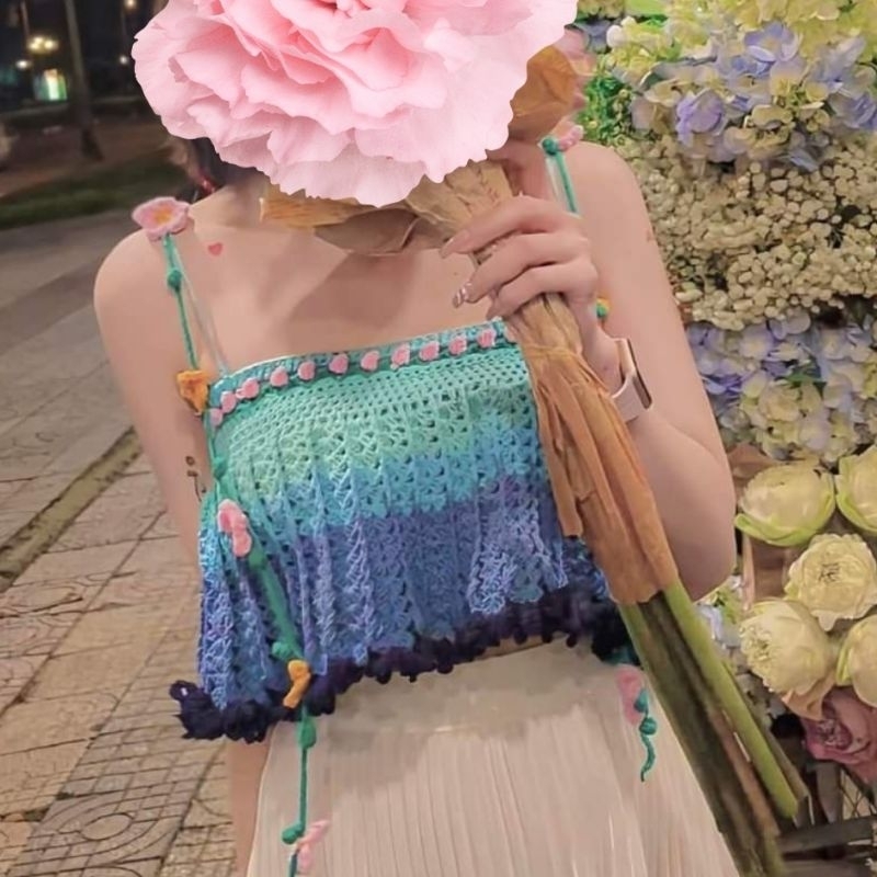 Áo croptop baby doll len dây hoa xinh - Mewlen33 Crochet-Knitting
