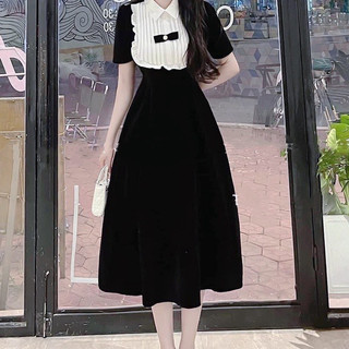 Đầm nhung đen phối trắng dáng dài đính nơ cổ sơ mi siêu xinh hàng cao cấp Chất nhung cứng bao đẹp