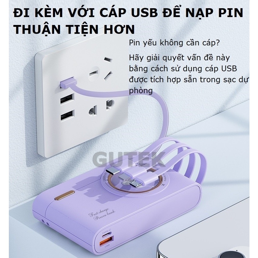 Sạc dự phòng 20000mAh Gutek YM741 dung lượng pin lớn tích hợp dây sạc nhanh nhiều thiết bị điện thoại