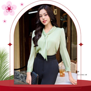 Áo sơ mi nữ lụa kẻ thắt cà vạt thời trang công sở 2024 A899
