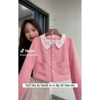 Sét dạ phối ren cổ sen hồng nữ tính dạo phố tiệc