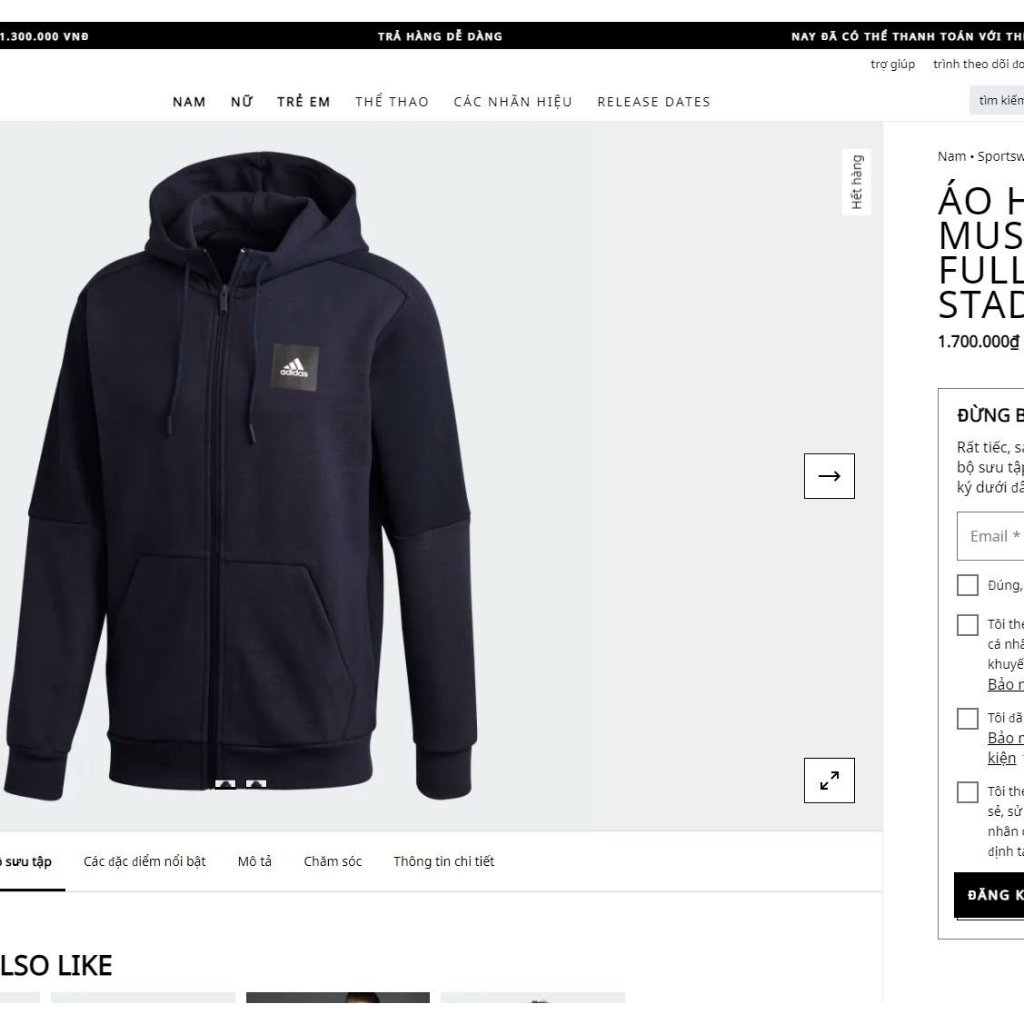 Adidas Must Haves Full-Zip Stadium Hoodie - Blue sẵn size S M âu