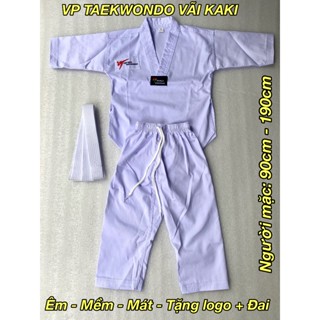 Võ Phục Taekwondo vải KAKI & Vải Kim Cương mềm thấm mồ hôi tốt mặc mát kèm logo và đai trắng Hỏa Tốc