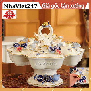 Khay Đựng Bánh Kẹo Bằng Gốm Sứ Vẽ Vàng, Hoạ Tiết 3D Đắp Nổi,Nhập Khẩu-vật trang trí Bàn,tủ,quà tặng đẹp ,giá rẻ