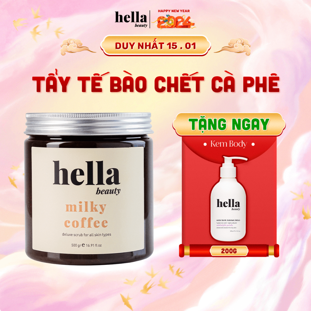 Tẩy Tế Bào Chết Body Cà Phê Hữu Cơ 500g Hella Beauty Giúp Dưỡng Trắng Da Toàn Thân, Giảm Mụn Mờ Thâm