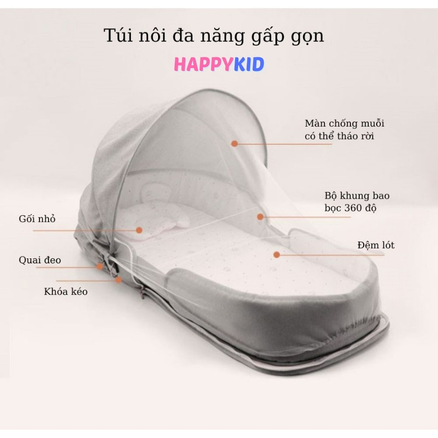 Nôi ngủ gấp gọn cho bé, Nôi ngủ chung di động có màn cho trẻ, Giường nôi êm ái thoáng mát, balo xách tay HK007