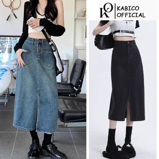 Chân váy jean nữ dài cạp cao, chân váy midi xẻ trước phong cách thanh lịch_A27