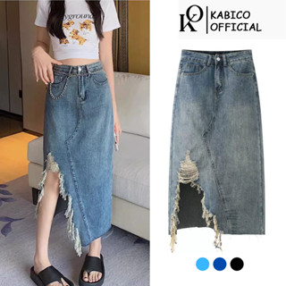 Chân váy jean nữ cạp cao dài qua gối, chân váy KABICO xẻ sườn tua gấu phong cách thanh lịch_A35