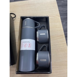 Bình Giữ Nhiệt Cao Cấp 500ML Lõi Inox 304 Tặng Kèm 2 Cốc Cách Nhiệt, Màu xám