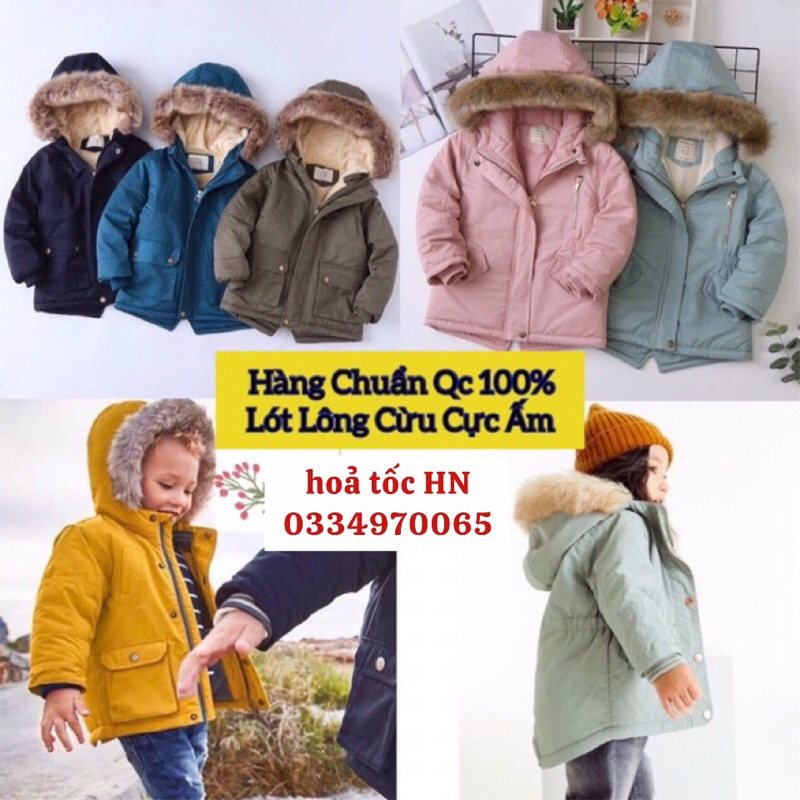 Áo parka lót lông/ nỉ chuẩn Quảng Châu có mũ lông cho bé trai bé gái, áo khoác mùa đông lót lông cừu