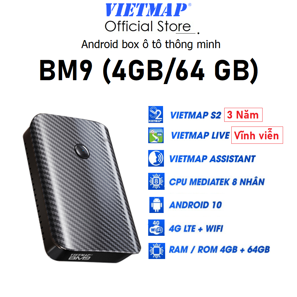 Android box ô tô Vietmap BM9 Dẫn đường S2 , Vietmap Live, Kết nối Sim 4G , Trợ lý Assistant, Carplay/Android Auto