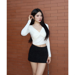  Áo croptop nữ tay dài HHVINTAGE kiểu xoắn ngực 2 lớp thun co dãn Top A46  fit 47kg  